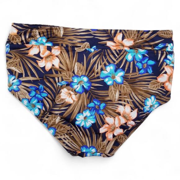 Lands' End High Waisted Bikini Bottoms Control Deep Sea Navy Tropic Palm Size 10 - Picture 3 of 5